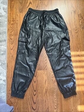 Ci Sono Black Faux Leather Cargo Joggers